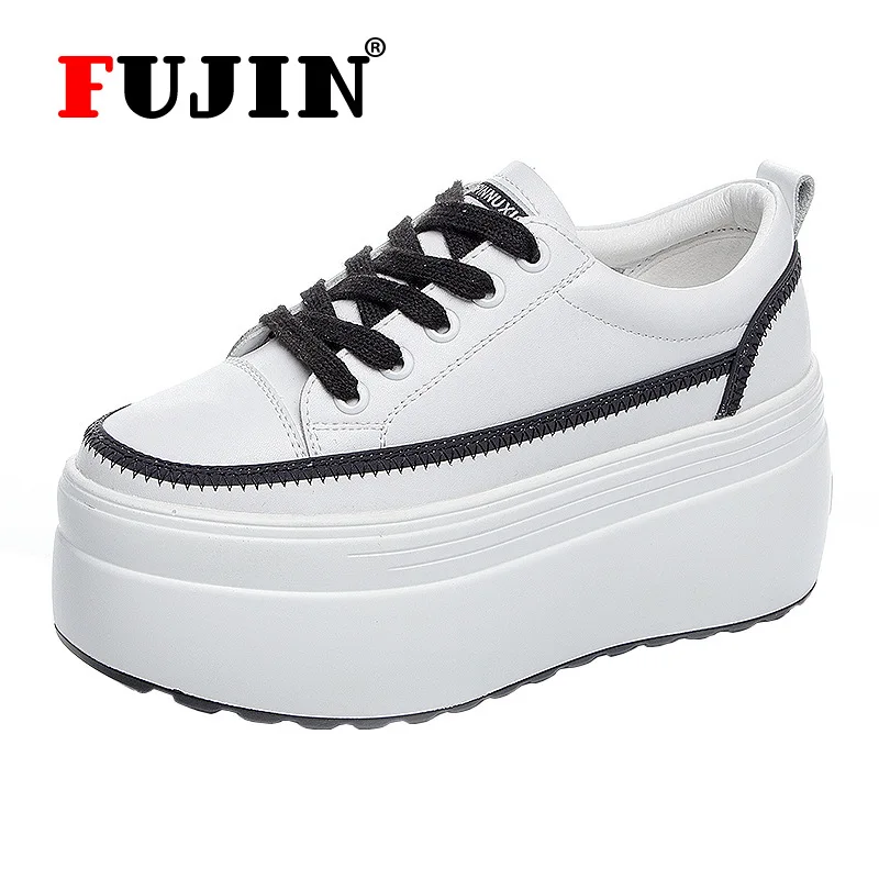 

fujin 8cm genuine leather White Shoes Female 2021 Spring New Thick-soled Student Board Shoes Female platform chunky wedge Shoes