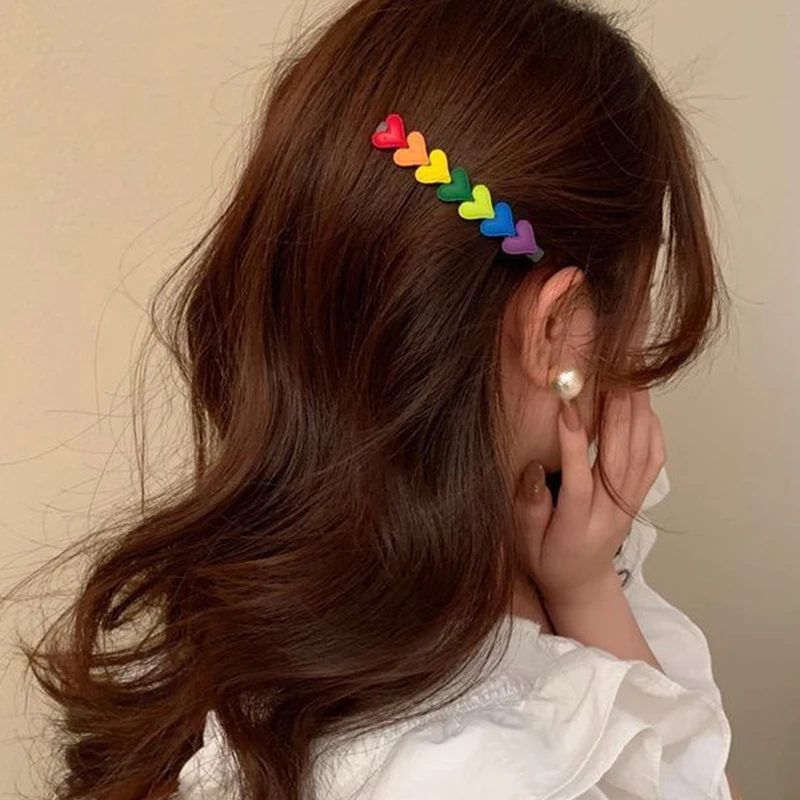 

Korean Style Cute Rainbow Love Heart Hairpins Hairgrips Summer Color Barrettes Hair Clips For Women Girls Hair Accessories