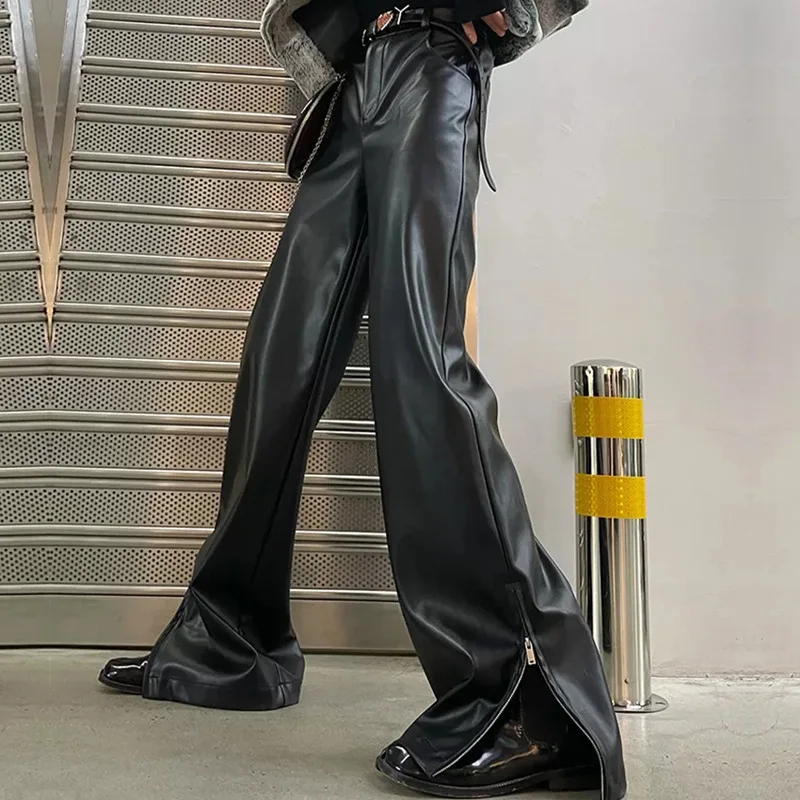

Femme 2023 Spring Autumn Cool Punk Black Soft Stretchy Faux PU Leather Floor Length Pants Streetwear Women High Waist Gothic