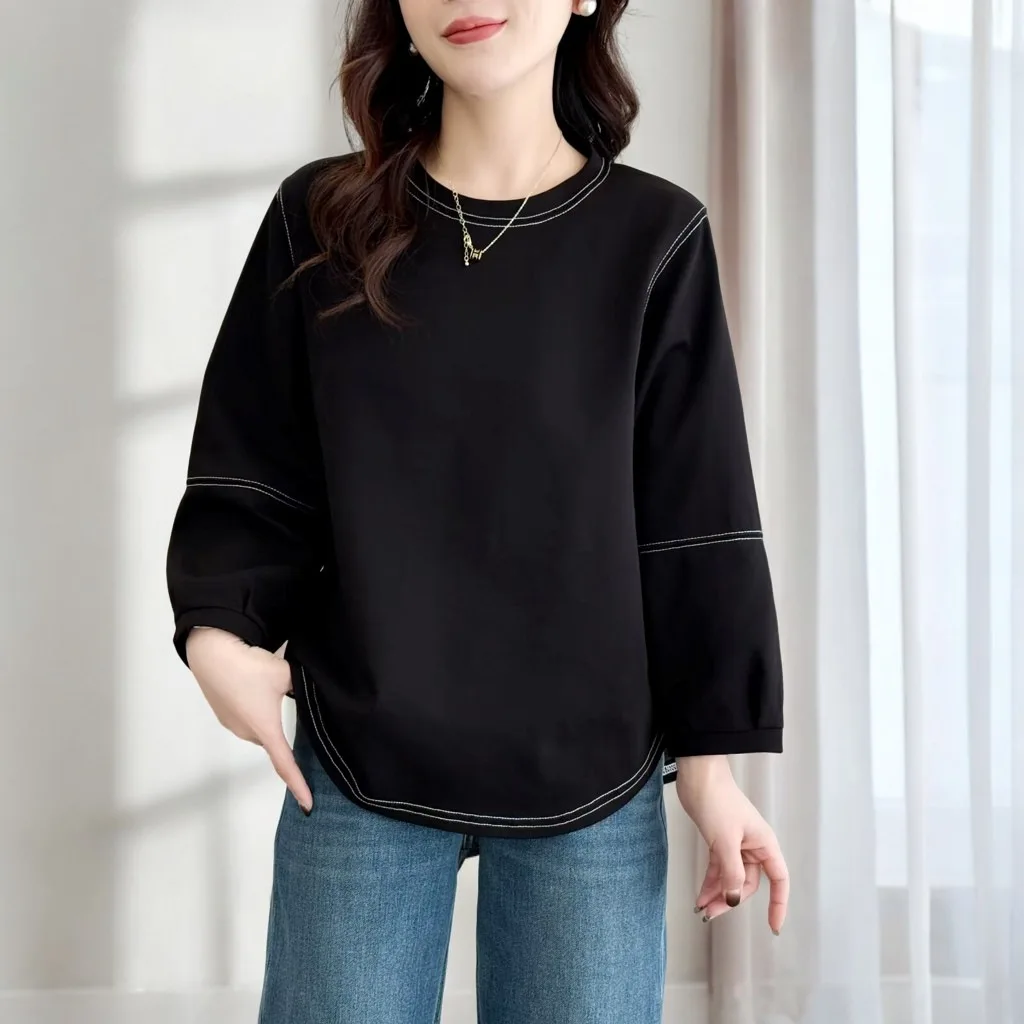 Spring 100kg Plus Size Top New Bright Line Lantern 3/4 Sleeved Women's Slimming T-shirt 2501