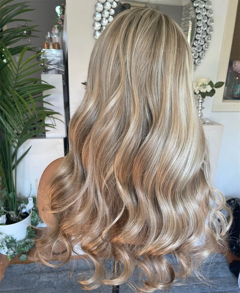 New Loose Wave Lady Women Lace Frontal Wigs Golden Blonde Rooted Wig Soft Synthetic Hair Swiss Lace Wig Glueless Easy to Wear