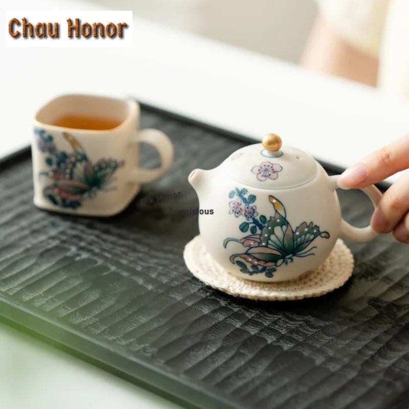 110ml Hand-painted Butterfly Cream Teapot Zen Tea Infuser Pot Household Tea Soaking Kettle with Ball Hole Tea Items Ornaments