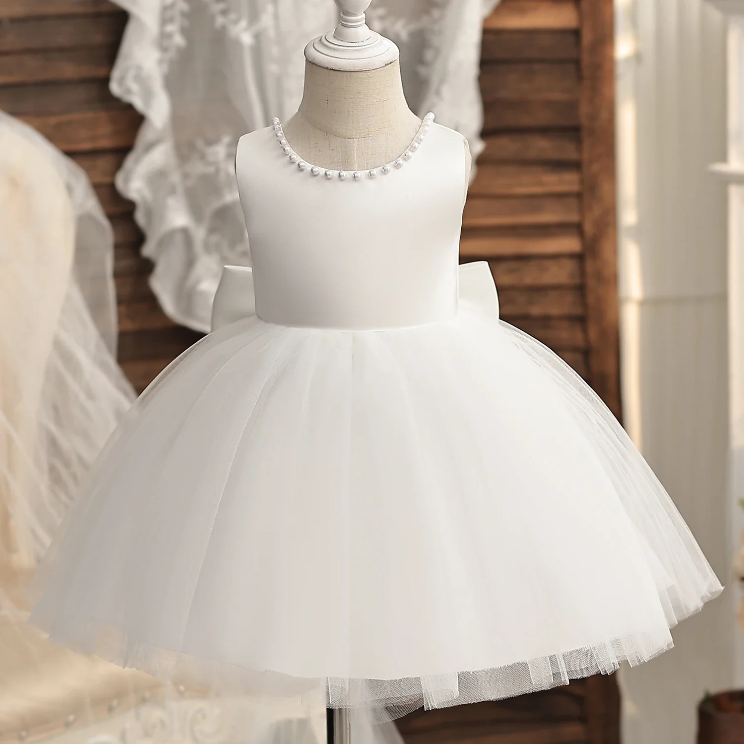 Girls Dress Baby Girl Dress Infant Baby Baptism Dress for Girls Kids Wedding Party Dresses Bow Beaded Tulle Christening Gown Birthday Children Clothes