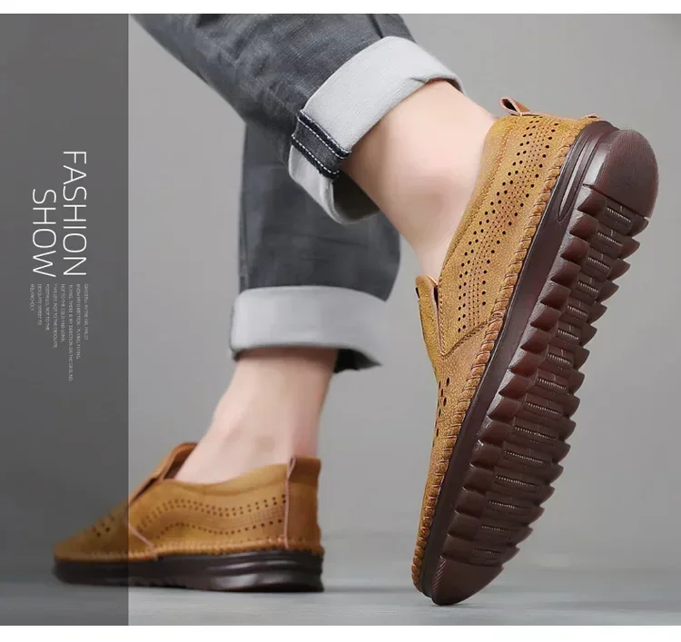 Herren-Lederschuhe, Freizeitschuhe, zum Hineinschlüpfen, weiches Leder, weiche Sohle, atmungsaktive Schuhe, modische, strukturierte, weiche Lederschuhe – Detail 13