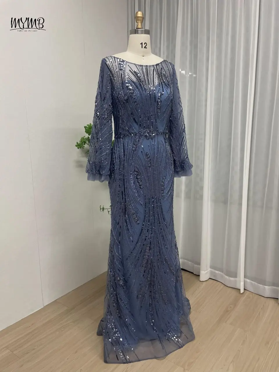 MYMB Blaues, elegantes, langärmliges Meerjungfrau-Abendkleid mit Perlen für Frauen, Hochzeit, Party, muslimisches, wunderschönes Ballkleid mit U-Ausschnitt – Detail 6
