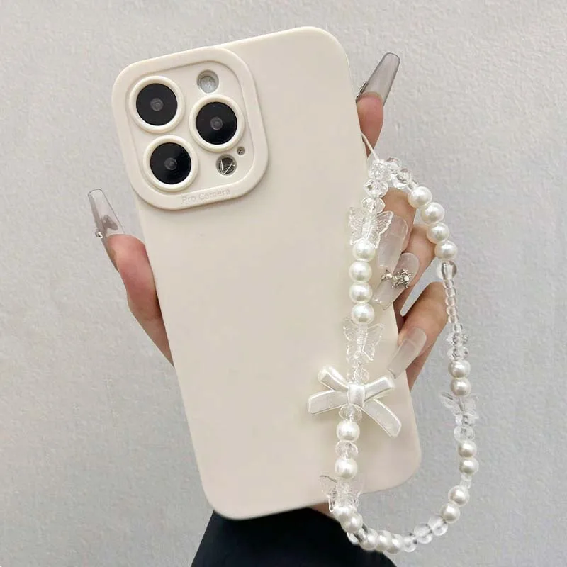Elegant Korean White Pearl Bowknot Lanyard Phone Case Cover