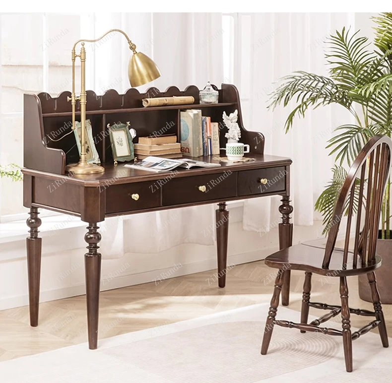 Description Picture 5 of item*Solid Wood Desk Bookshelf Combination Simple French Retro Student Computer Desk Bedroom Study Table Light Luxury