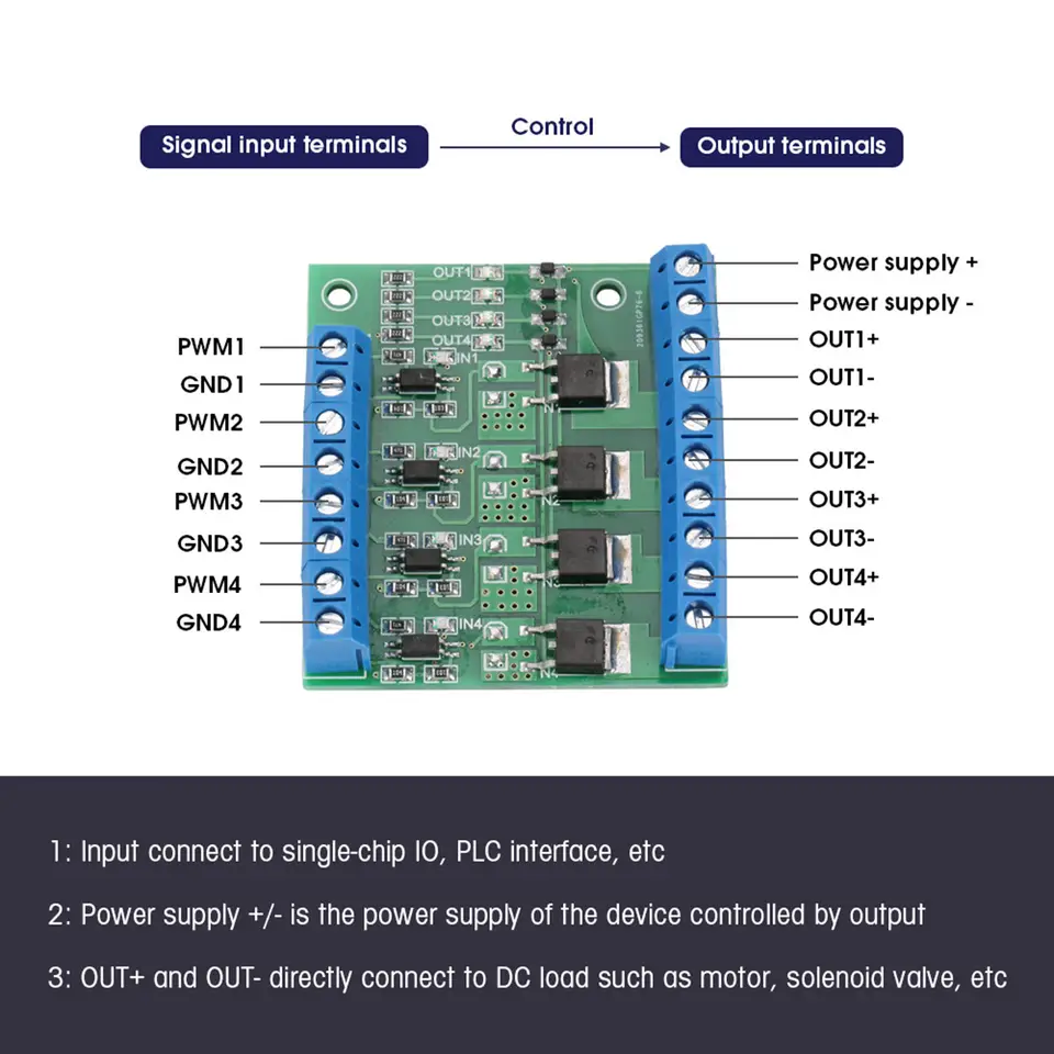 PWM MOS FET Module MOS Tube Module PWM 4-Channel MOS FET Module PLC Amplifier Circuit Board Driver Module 3-20V to 3.7-27VDC 10A image 3