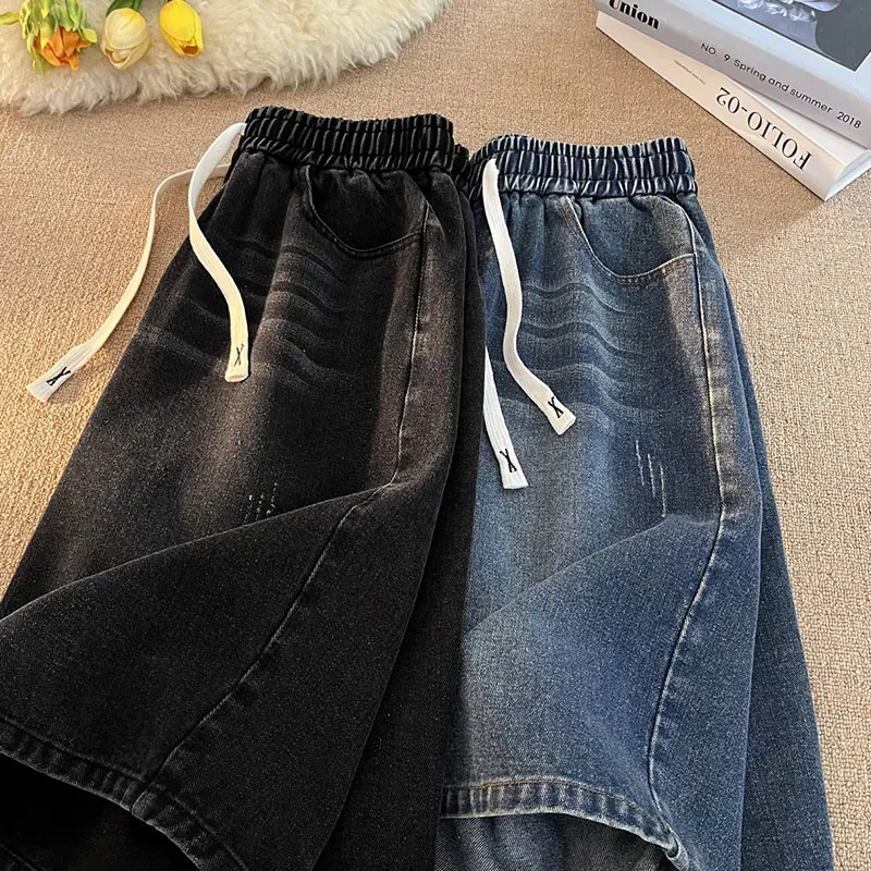 Legible Summer Casual Denim Shorts Men Solid Loose Straight Elastic Waist Shorts for Man