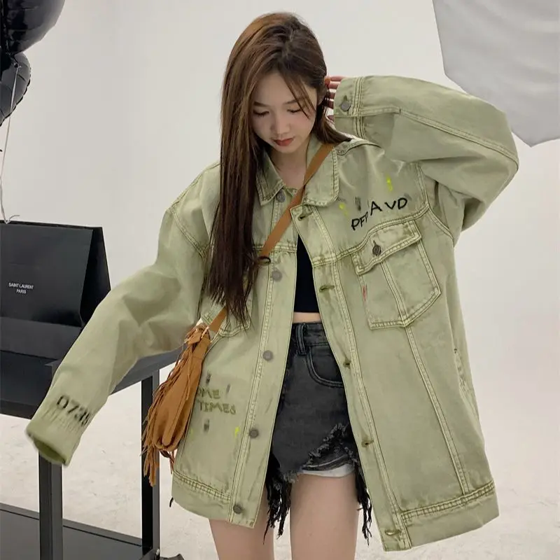 

2022 Real Price Shooting Of Autumn Speckled Ink Denim Coat Women's Loose Vintage Embroidery Niche Ins Top Free Shipping