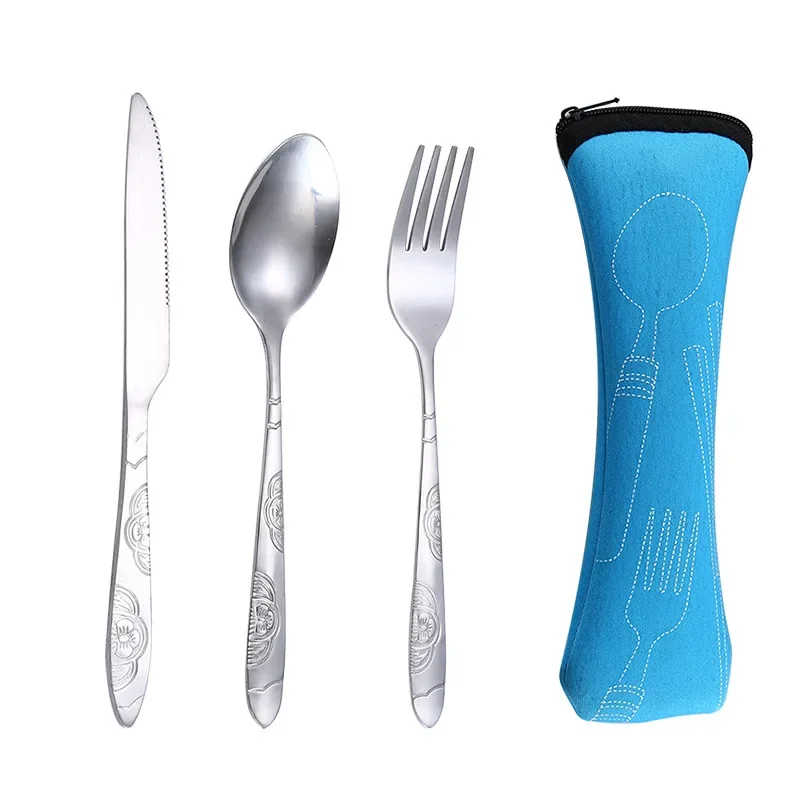Cutlery Set 3pcs/set Portable Printed Stainless Steel Spoon Fork Steak Knife Travel Tableware with Bag