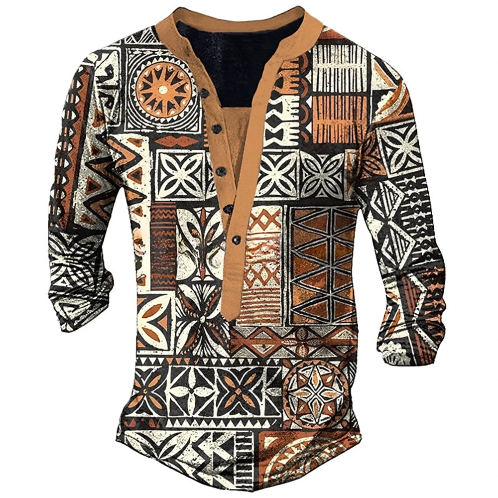 

Vintage Men's T-Shirts With Button Ethnic Pattern Print Spring Autumn Loose V-neck Long Sleeve Oversized T Shirts Male Clothing