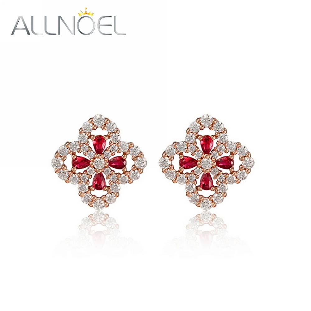 

ALLNOEL 925 Sterling Silver Stud Earrings for Women lab Created Ruby Clover Four Leaf Clover Anniversary Gifts Fine Jewelry