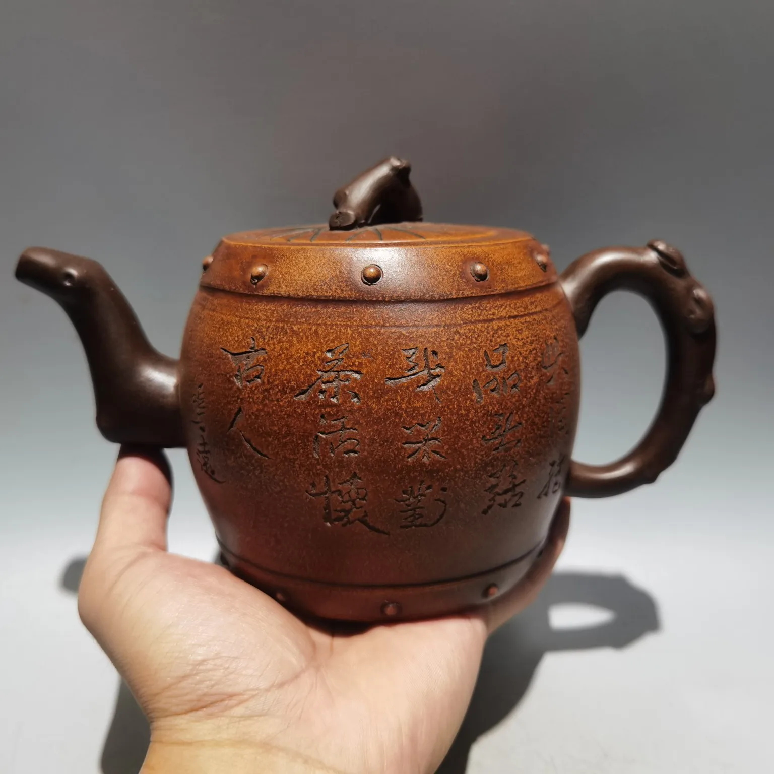 

8" Chinese Yixing Zisha Pottery Bamboo drum shape pot lettering kettle teapot flagon part mud office Ornaments Gather fortune