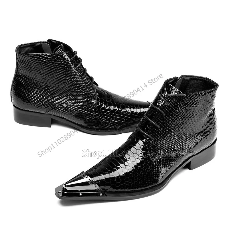 

Black Snakeskin Print Pointed Toe Strappy Boots Fashion Lace Up Men Boots Luxury Handcraft Party Feast Banquet Men Dress Shoes