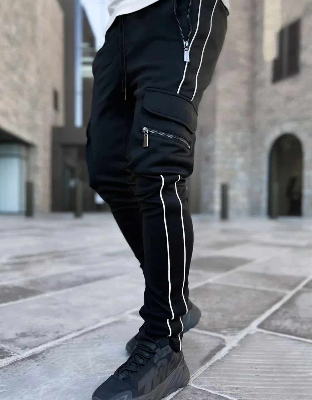話題の人気 Trendy Men's EH·MD® Black Fashion Pants Casual Leg Split ウォーキング・ランニングウェア