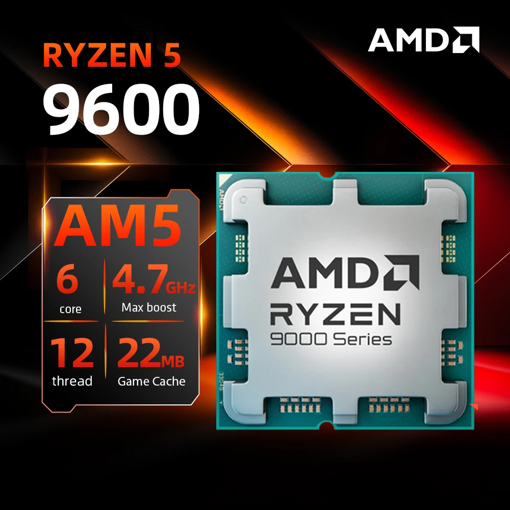 thumbnail image 1 of Procesador AMD Ryzen 5 9600 nuevo, 5,2 GHz, 6 núcleos, 12 subprocesos, 38 MB de caché, 4 nm TDP, 65 W, socket AM5, para juegos, sin paquete, 1 of 4