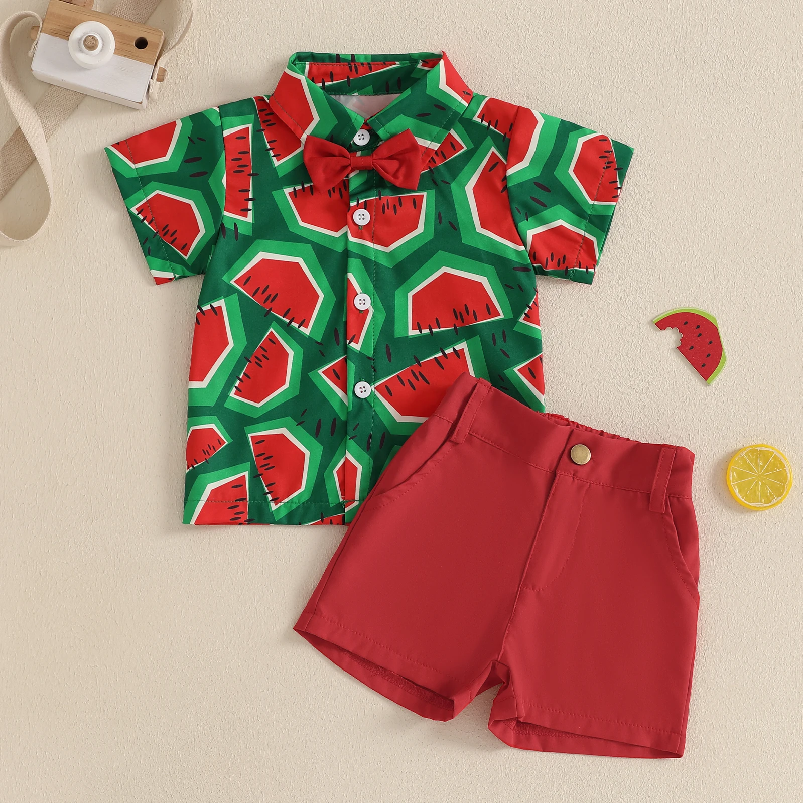 Kids Boys Summer Outfits Watermelon Pattern Button Down Turn Down Collar Short Sleeve Shirt with Shorts 2 Pcs Boys Set 1-4Y
