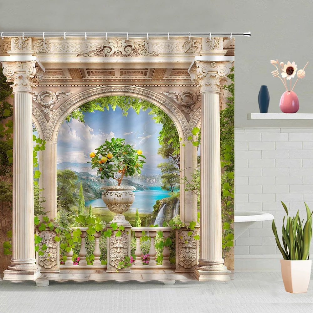 

Building Street Scape Shower Curtains Green Vine Plant Flower Seascape Print Waterproof Bath Curtain Bathroom Decor with Hooks
