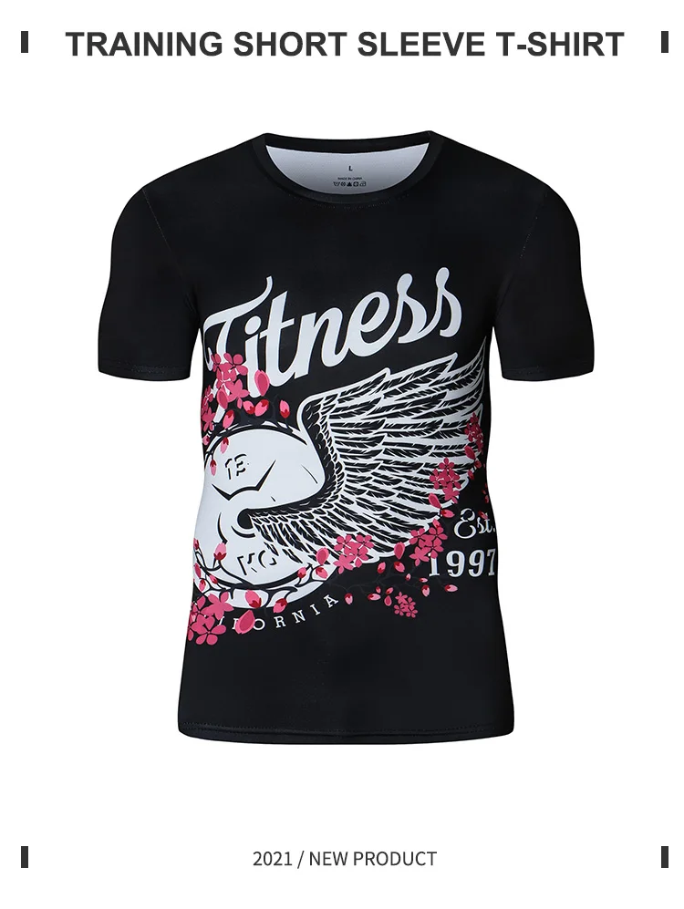 Schnell trocknendes schwarzes Kompressions-T-Shirt mit Fitnessmotiv und stilvollen Grafiken für das Training mit hoher Energie – Detail 1