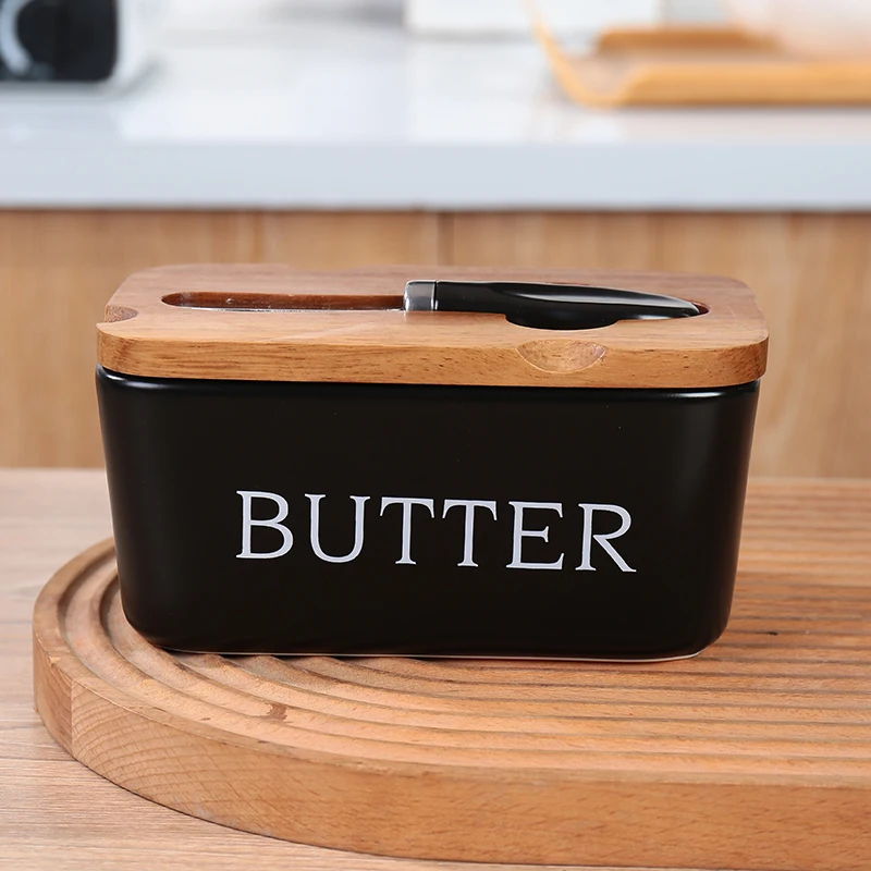 Black Butter Dish with Lid and Knife for Countertop Airtight Ceramic Butter Retainer with Acacia Wood Cover for Counter or Refrigerator Black Trim & Accessories