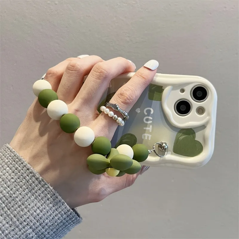 Green Heart Wavy-Edge Pattern Phone Case with Flower Bead Lanyard - Soft Cover