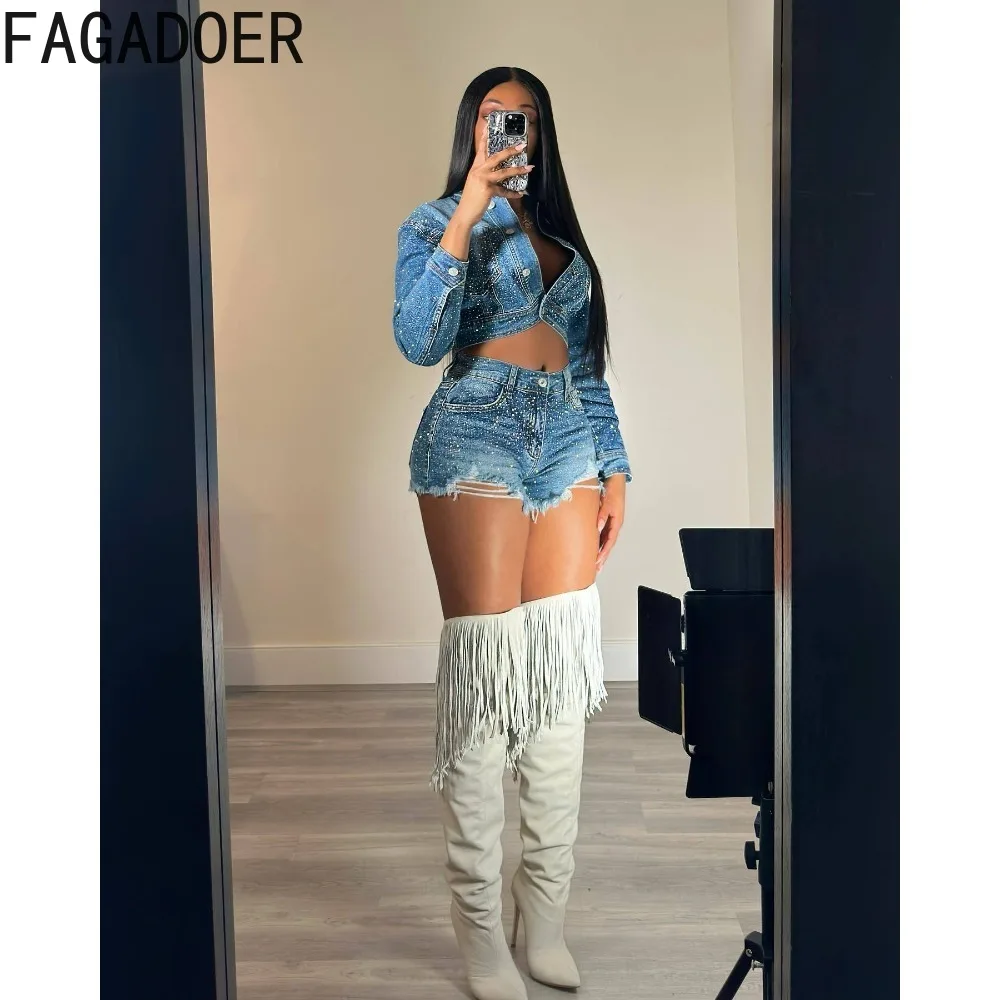 FAGADOER Retro Fashion Y2K Rhinestone Denim Two Piece Sets Women Turndown Collar Long Sleeve Crop Top And Shorts Outfits 2024