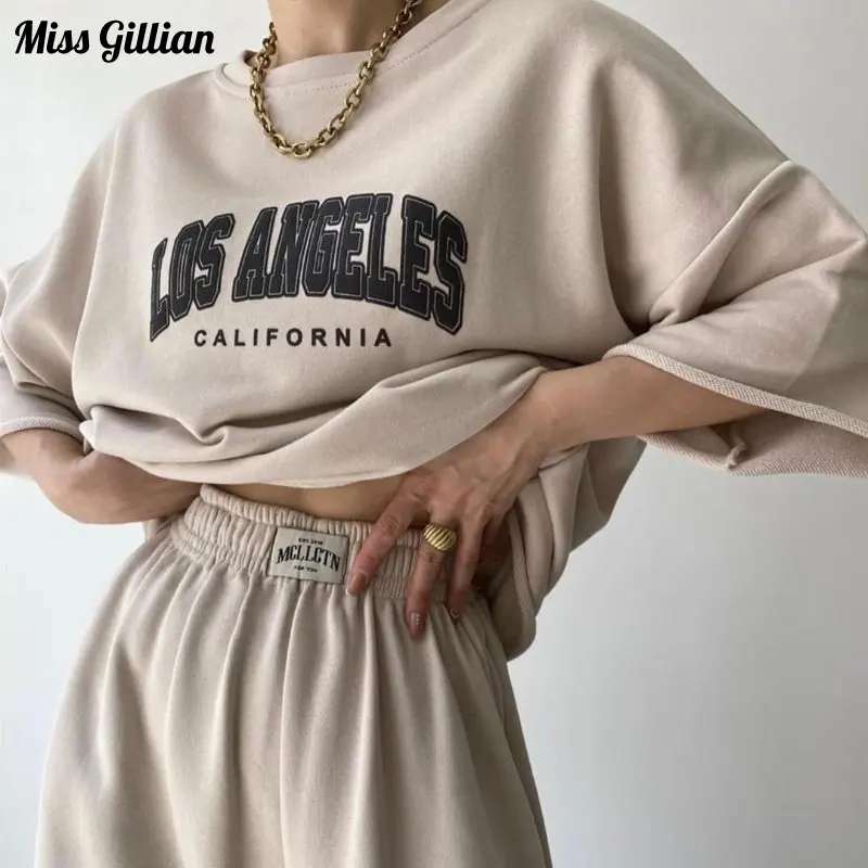 

Casual Sweatpants Women's Sets Short Sleeve Tops Letter Print 2 Piece Loose Pants Sets Female Clothes Spring Summer Tracksuit