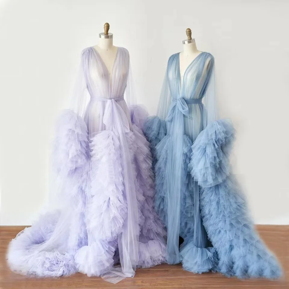 

Sexy Blue Maxi Long Pregnancy Photoshoot Woman Photography Pregnant Clothing Tulle Ruffle Maternity Robe Photo Shoot Dress