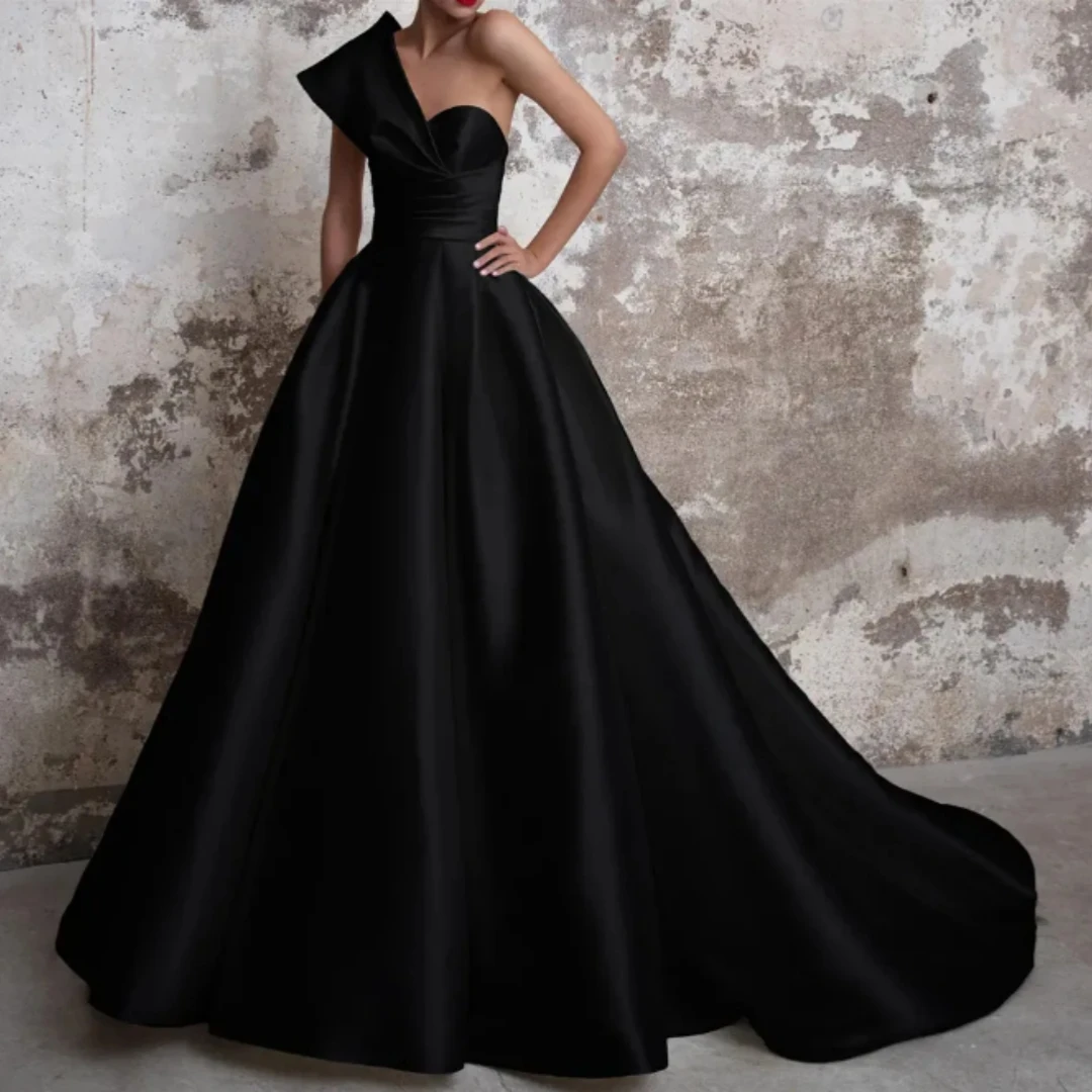 

Elegant Satin Evening Prom Dresses Long A-Line Black Formal Gowns One Shoulder Robes De soiree Vestidos Festa Plus Size Custom