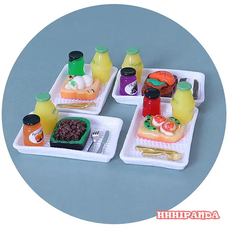 

1/12 Dollhouse MIniature Toast Bread Jam Food Breakfast Set Model Dinner Plate Cup Spoon For Doll House Play Kitchen Accessor