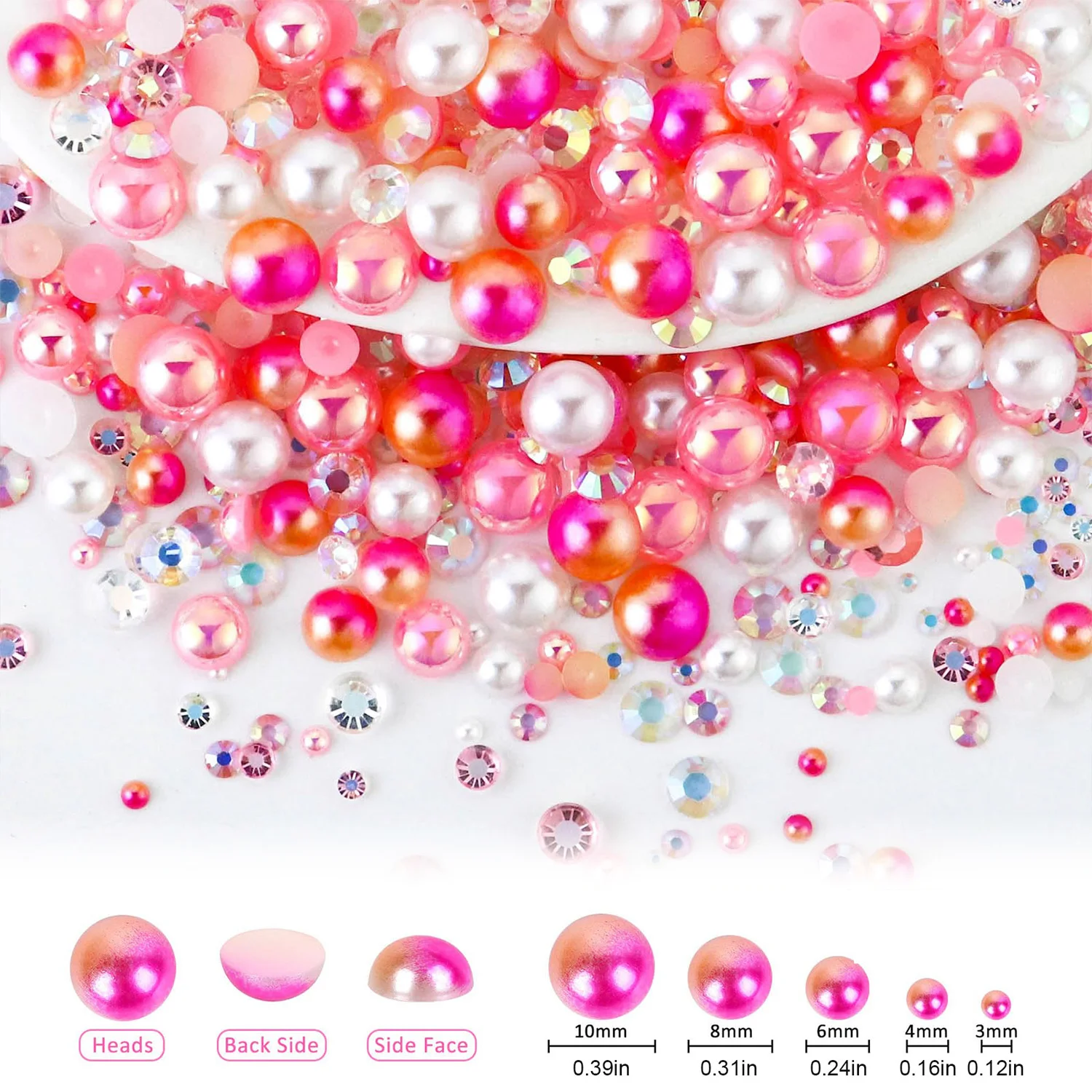 1100Pcs 플랫 백 진주와 라인 석, 30g 혼합 크기 3mm-10mm Ab 컬러 수지 라인 석 반원형 진주