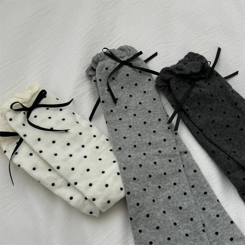Lolita Leg Warmers Cute Polka Dot Long Socks Cotton Knitted Foot Cover Bow Y2k Leg Warmers JK Girls Knee Kawaii Stockings