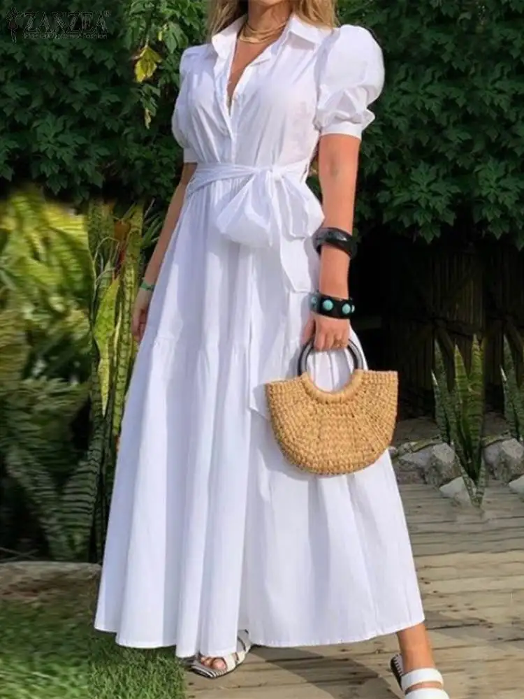 

2023 ZANZEA Fashion Maxi Long Dress Summer Women Sundress Causal Work Robes Lapel Neck Short Sleeve Shirt Vestidos Kaftan Femme