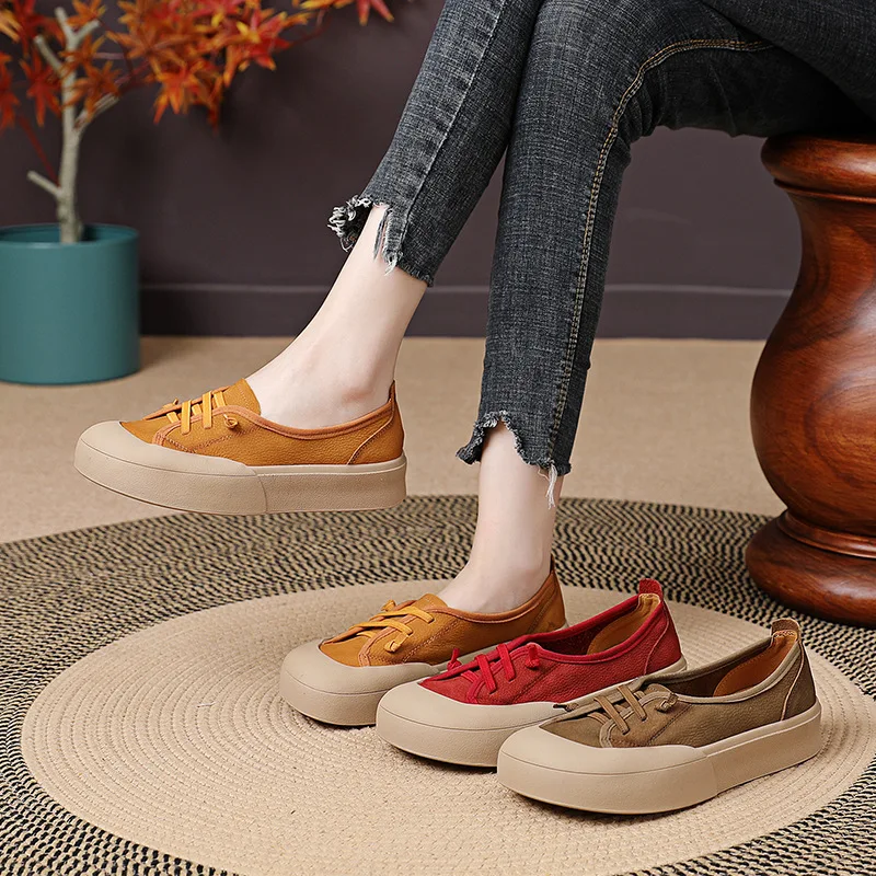 

Low Women's Genuine Leather Shoes Female Slippers Platform 2023 Rubber Flat Soft Fabric Retro Casual Round Toe Autumn Basic Rome