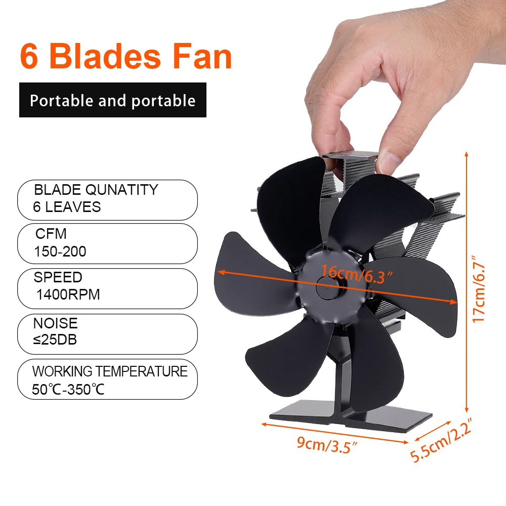 6 Blades Heat Powered Stove Fan Log Wood Burner Black Eco-fan Quiet Fireplace Fan Winter Home Warmer Efficient Heat Distribution