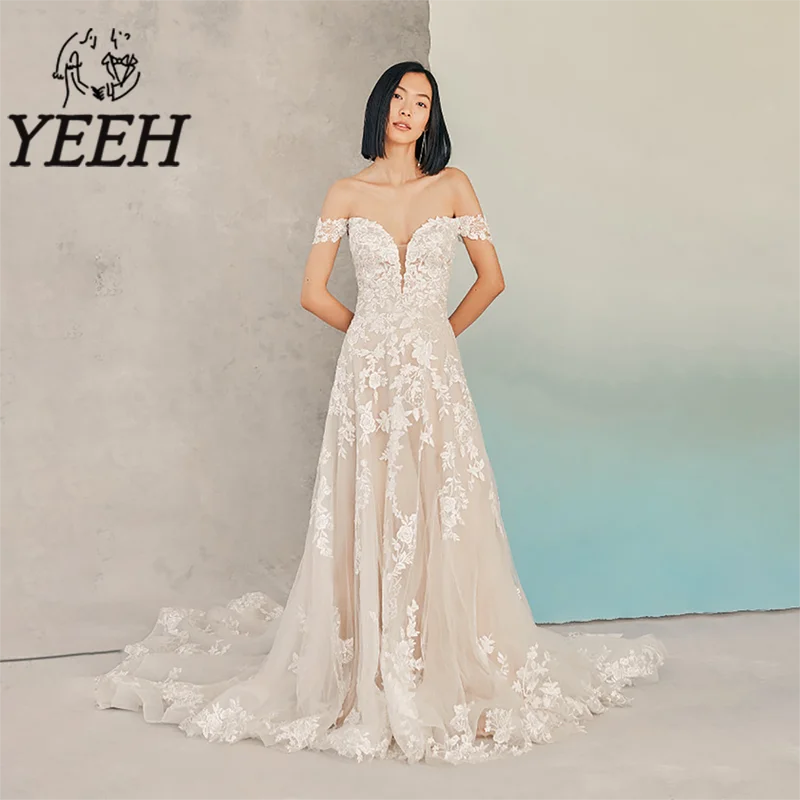 

YEEH Wedding Dress Off-the-shoulder Lace Appliques Bridal Gown Illusion Side Sweetheart Court Train Vestido De Noiva for Bride