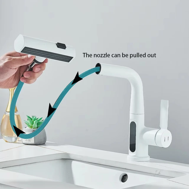 ก๊อกน้ำอ่างล้างหน้าสีขาว/ดำ พร้อมจอแสดงอุณหภูมิแบบดิจิตอล แขนแบบดึงออกได้ หัวน้ำแบบน้ำตก และตัวผสมน้ำร้อนน้ำเย็น 3