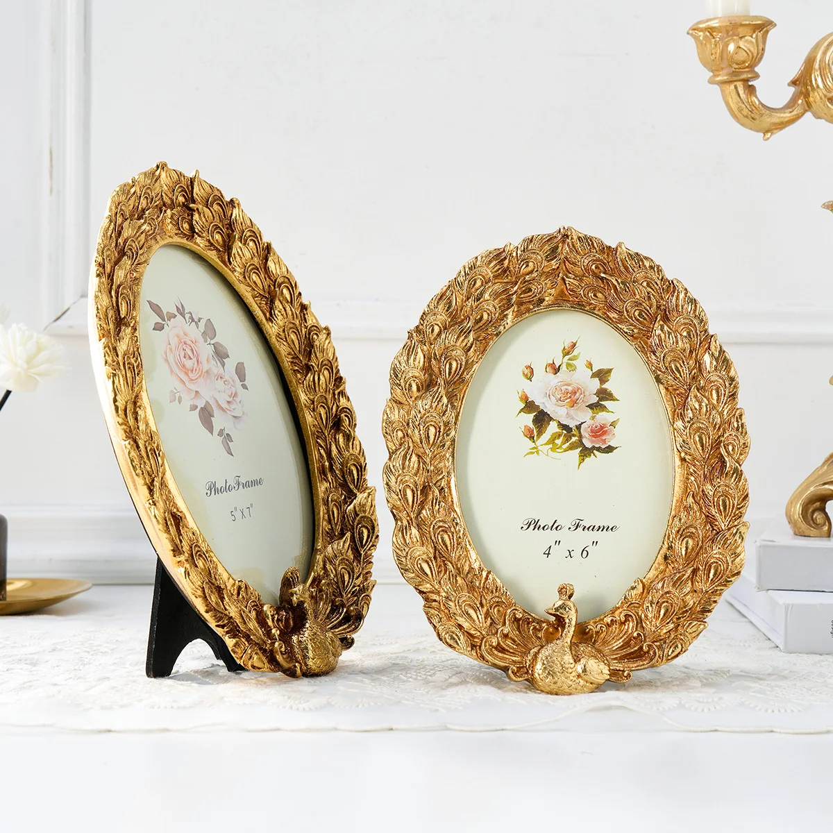 1PC, creative retro peacock photo frame display stand, golden carved home decoration frame, resin craft gift