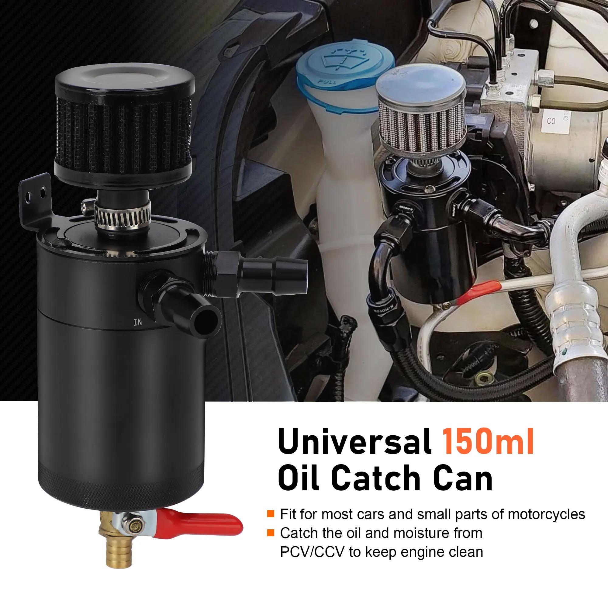 150ml 2-Port Baffled Reservoir with Drain Valve Breather Cylinder Filter Kit Car Aluminum Reservoir Oil Catch Can Tank Oil Catch Can Tank