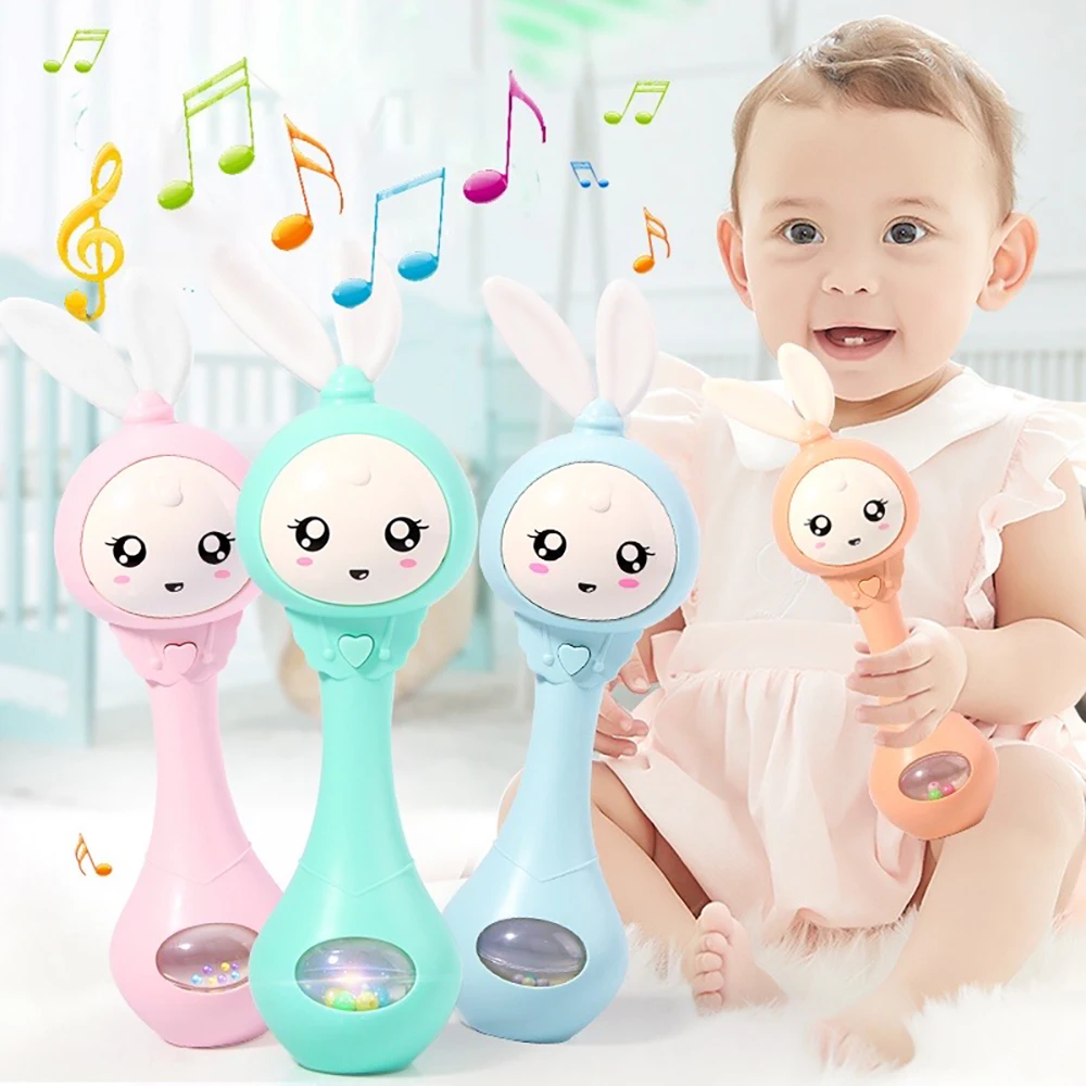 

Baby Rattles Music Flashing Teether Cute Rabbit Toys For Infant Early Educational Hand Bells Toy Stop Weep Tear Newborns Gift