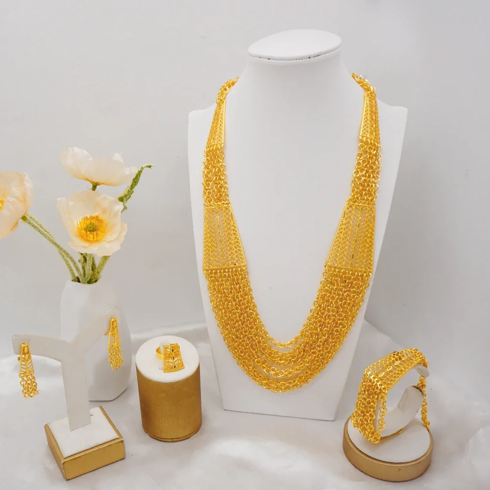 S5a549e785b4b49f8b192c1aa4f9eb47c8 Middle East Golden Long Necklace with Tassel Jewelry Set for Women Tassel Earrings for Bridal Set Party Gift Mallzona