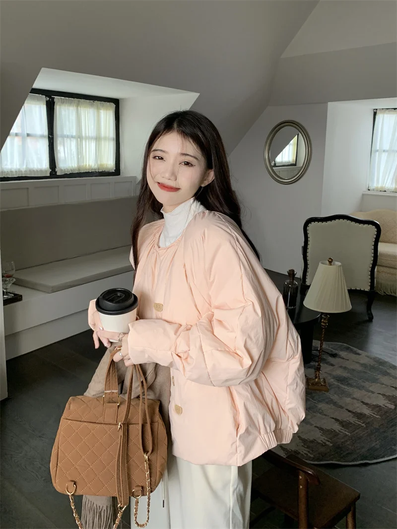 Fashion Long Sleeve Pink Sweet Cute Women's Short Down Jacket 2023 Winter Korean Style Commute Style Casual Loose Outerwear