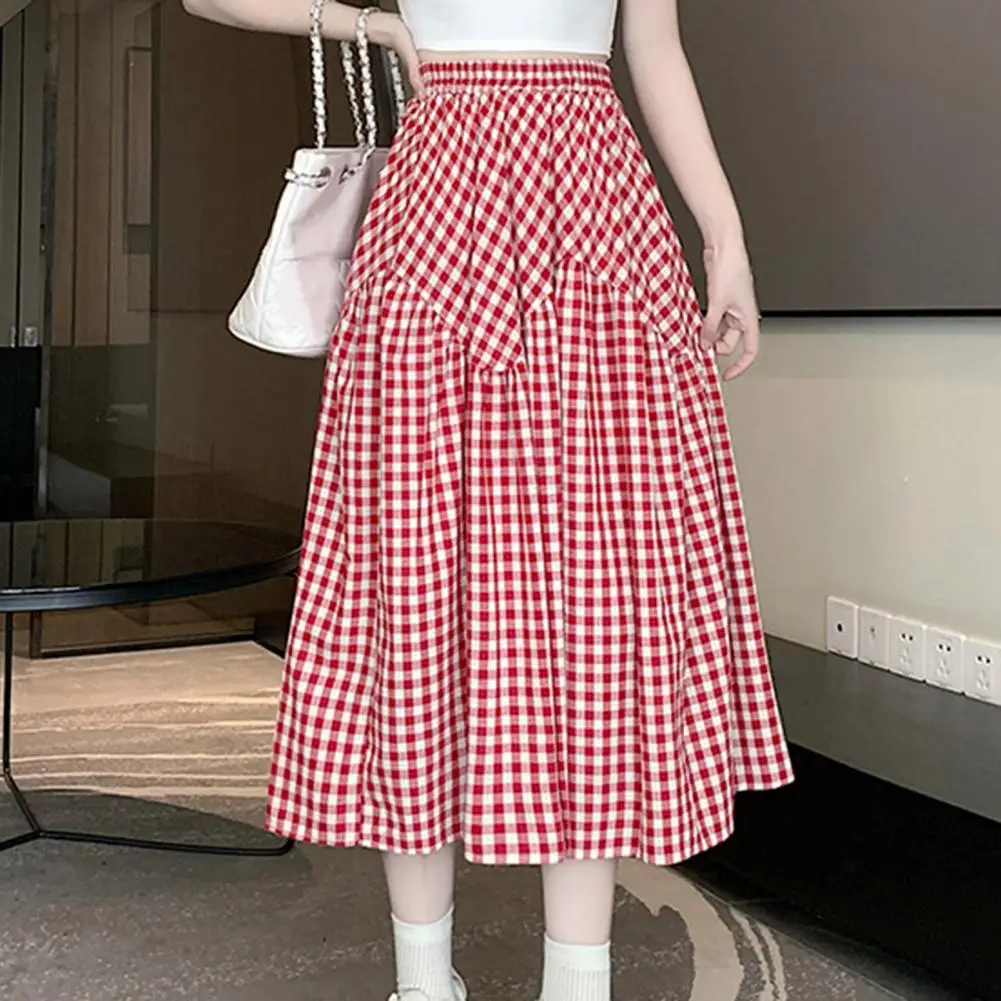 Plaid Patterned Skirt Retro Style Plaid Print A-line Midi Skirt with Elastic High Waist for Women Vintage Swing Skirt for Wear