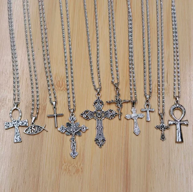 1pcs Vintage Punk Cross Jesus Fish Christian God Pendant Necklace 45cm Stainless Steel Chain Fashion Jewelry Wholesale Sales