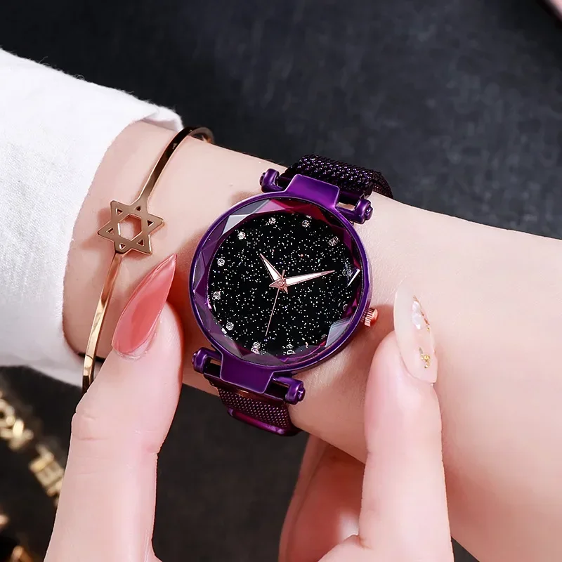 Women Rhinestone Starry Dial Stainless Steel Strap Lady Quartz Watch Fashion Simple Watch Strap Wristwatches Bracelet for Women 2