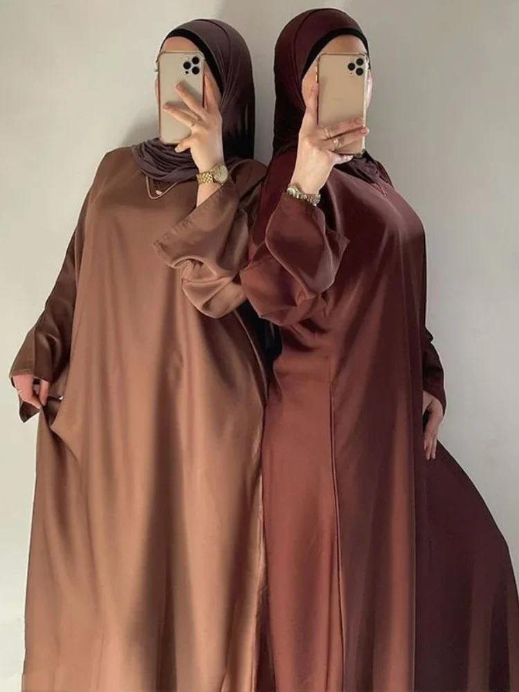 Satin Abaya Dubai Turkey Muslim Dress Plain Closed Abayas for Women African Long Dresses Islamic Clothes Kaftan Robe (no Hijab)