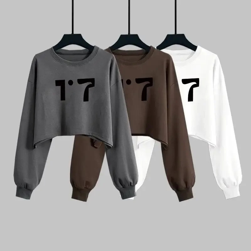 DAYIFUN-Women's Velvet Letter Printed Sweatshirt Short Round Neck Hoodies Loose Long Sleeve Versatile Tops Autumn Winter New