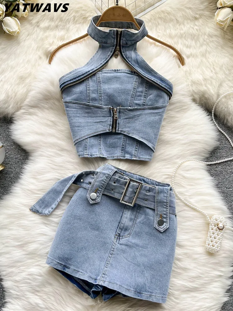 Streetwear Sexy Women Summer Denim Halter Tops Mini Skirt Suits Outfits Chic Bodycon Jeans Zipper Backless Vest Girl 2-piece Set trafza woman new fashion slim back zipper vintage slit short skirts streetwear women elegant high waist chic mini skirts y2k