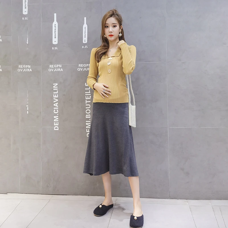 O68402# Pregnancy Skirt Skirts Women Trendy Fashion Mom Spring Autumn High Waist Stylish Knitted Mid-Long Maternity Skirt
